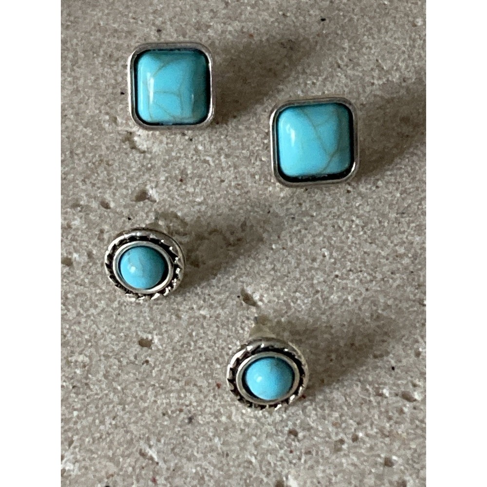 2 Pair Faux Turquoise Stud Earrings Silver Tone Square Round Southwestern Boho